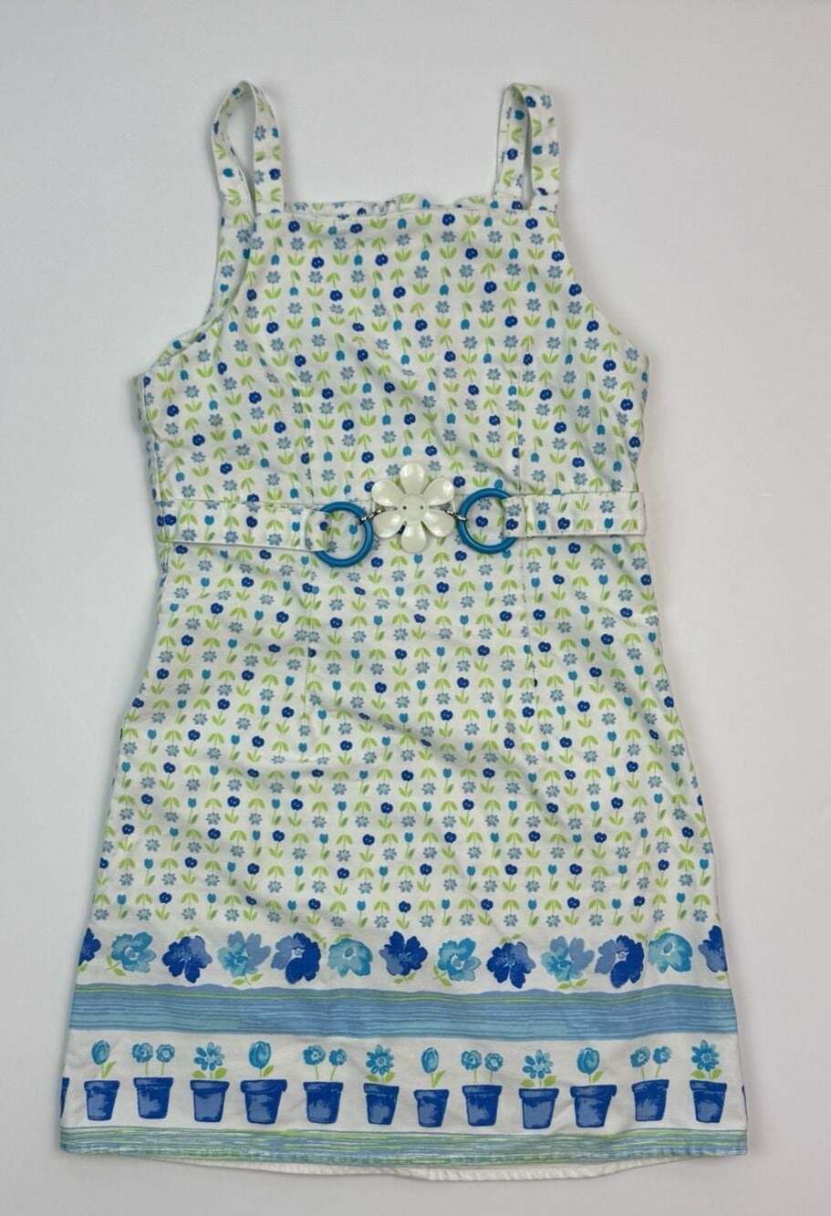 Vintage My Michelle Girls Blue Floral Dress Size 8 Flower Pot Print
